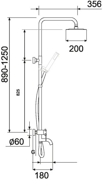 Смеситель для душа с стационарной стойкой РМС SUS124-009DK излив, верхний душ, ручная лейка  