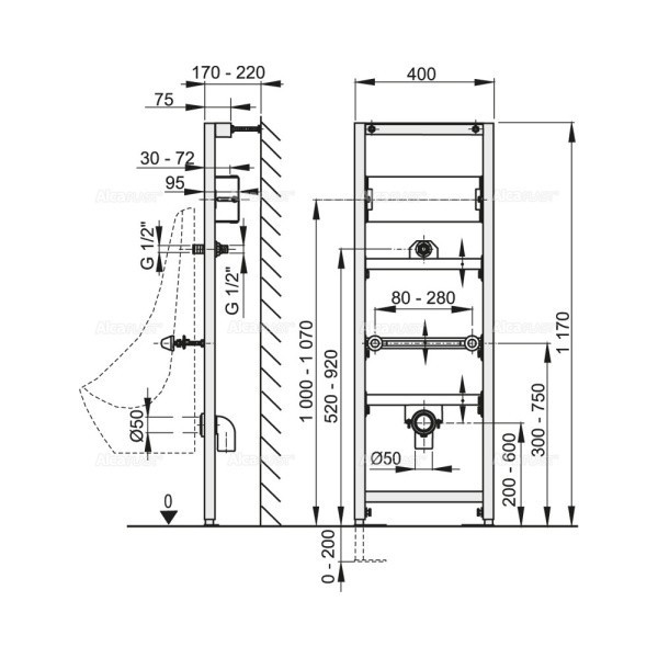 Рама для писсуара (высота монтажа 1,2 м), Alcaplast A107S/1200