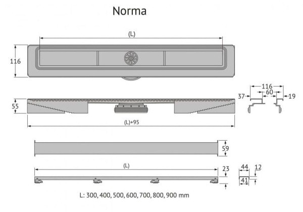 Желоб BERGES водосток напольный С1 Norma 500 нержавеющая сталь, матовый черный, S-сифон D50 боковой