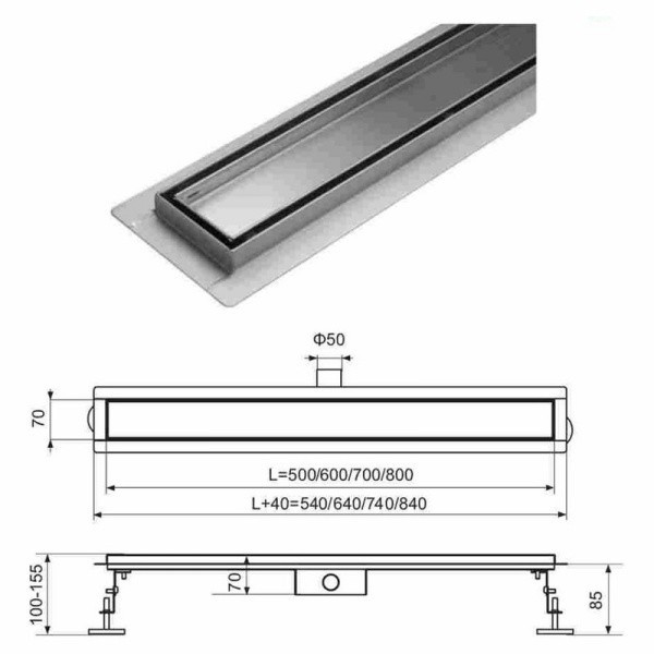 Душевой лоток BAD458002 под плитку, сухой+гидрозатвор (70*800мм) TIM