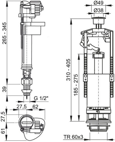 Арматура со стоп кнопкой, нижний 1/2, Alcaplast (Пластиковый штуцер) SA2000S-BL-01 Alcaplast 