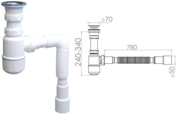 Сифон для умывальника с прикручивающимся выпуском 70мм , с гибкой трубой 1 1/2 - 40/50мм AV Engine