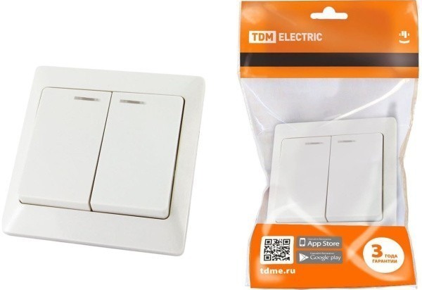 Выключатель 2 клавиши с подсветкой 10А белый Ильмень TDM (SQ1823-004)